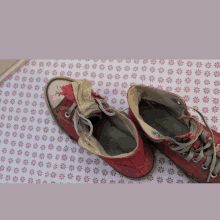 a pair of red shoes with a floral pattern on the background