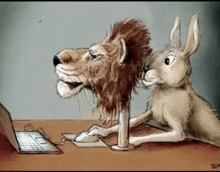 a cartoon drawing of a lion and a rabbit using a laptop