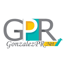 a logo for gpr gonzález pr.net with a yellow arrow