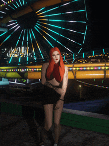 a woman with red hair is standing in front of a ferris wheel that says santa clara on it