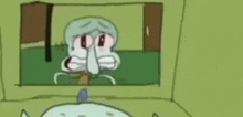 a cartoon of squidward from spongebob squarepants is crying in front of a window .