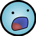 a cartoon smiley face with a surprised expression and a purple mouth .