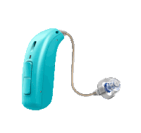 a blue hearing aid with a clear earpiece attached