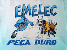 a shirt that says emelesc pega duro with a cartoon of a water drop kicking a soccer ball