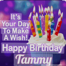 a birthday card for tammy with a cupcake and candles on it