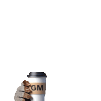 a cup of coffee with a gm sticker on it