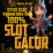 a poster that says slot gacor with a boy in a hood holding a torch