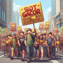 a group of people marching down a street holding up signs that say slot gacor