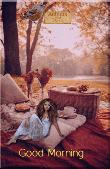 a woman sits on a pillow in front of a picnic basket and a sign that says autumn vica days