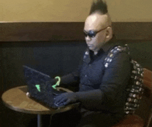 a man with a mohawk and sunglasses is using a laptop