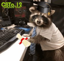 a raccoon wearing a graduation cap and tie holding a diploma