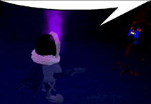 a cartoon character in a dark room with a purple light coming out of his mouth