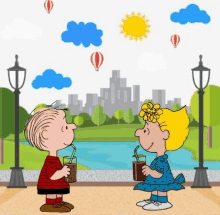 a cartoon of a boy and a girl drinking from glasses with straws in a park .