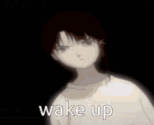 a close up of a person 's face with the words wake up on the bottom