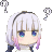 a pixel art drawing of a girl with white hair and blue eyes with a question mark above her head .