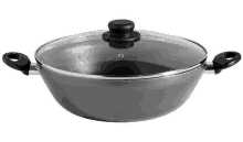 a black pot with a clear glass lid and black handles