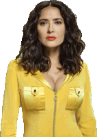 a woman wearing a yellow jacket with a zipper on the front