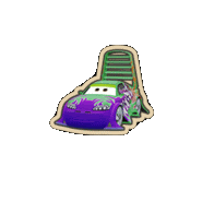 a sticker of a purple and green car with a yellow head