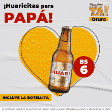 a bottle of huari lager sits on a yellow heart shaped background