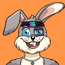 a cartoon bunny wearing a headband and a chain around its neck