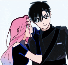 a girl with pink hair is whispering something into a man 's ear