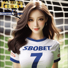 a woman wearing a soccer jersey that says sbobet