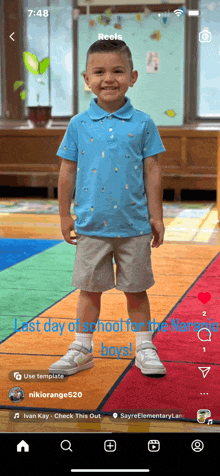 a boy in a blue shirt and shorts is standing in a room with the words last day of school for the boys