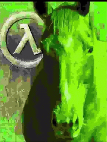 a green horse is standing in front of a logo for half life