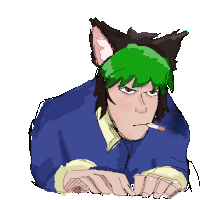 a drawing of a person with a cat ear and green hair smoking a cigarette