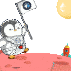 a penguin in a space suit is holding a flag with a nb logo on it