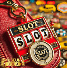 a red purse with a slot machine and a coin