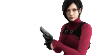 a woman in a red sweater holds a gun in her right hand