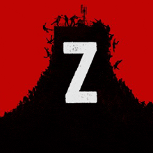 the letter z is on a red background with a bunch of zombies .