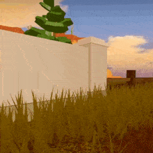 a computer generated image of a field with a white wall and a tree in the background