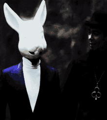 a man wearing a white rabbit mask stands next to another man