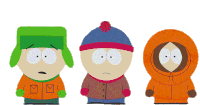 three south park characters standing next to each other