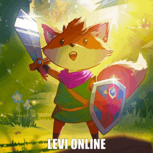 a cartoon of a fox holding a sword and shield with the words levi online underneath