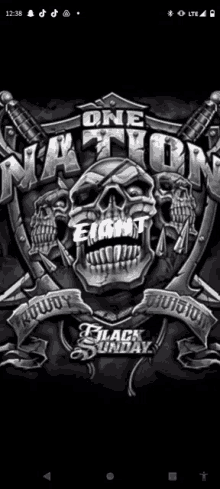 a black and white image of a skull with the words one nation eight