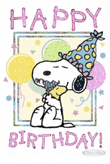 a snoopy birthday card with balloons and a party hat