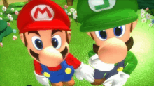 two cartoon characters , mario and luigi , are standing next to each other on a green field .