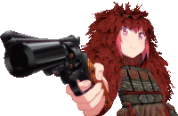 a girl with red hair is holding a gun in her hand