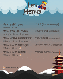 a menu for a restaurant in a foreign language with prices