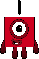 a pixel art drawing of a red square with a big eye and a number one on top of it .