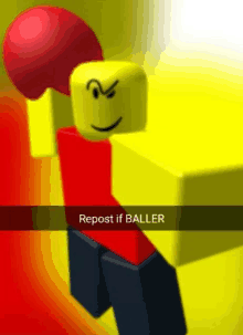 a yellow block with a red boxing glove on his head and the words repost if baller on the bottom