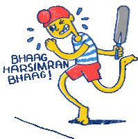 a cartoon drawing of a man holding a bat with the words ' bhaag harsimran bhaag ' on the bottom right