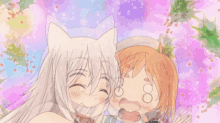 a girl with a cat ear is hugging another girl with a surprised look on her face