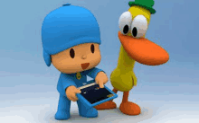 a cartoon character holding a tablet next to a duck