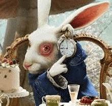 a white rabbit is sitting in a chair holding a pocket watch and pointing at it .