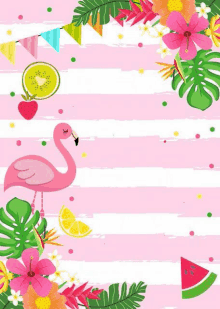 a pink flamingo is surrounded by flowers and fruit on a pink and white striped background