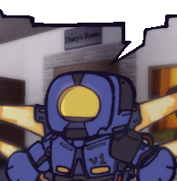 a cartoon drawing of a robot standing in front of a sign that says ' dusty 's room '